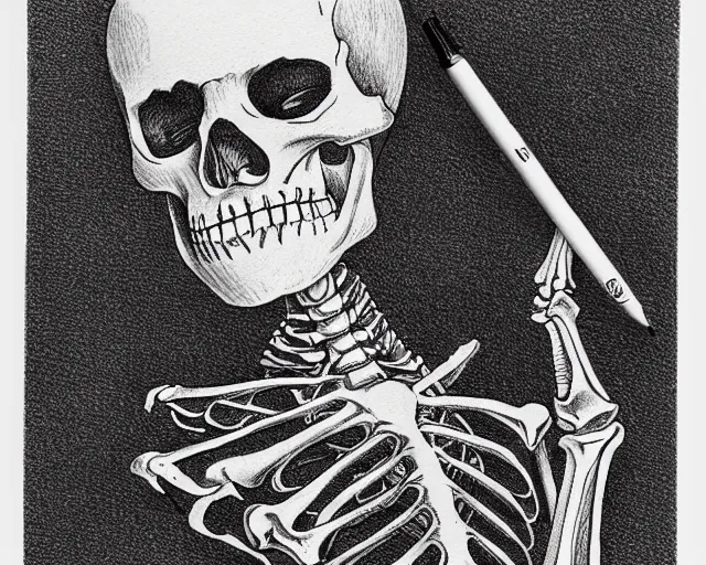 Prompt: Justin Bartlett dotwork biro pen drawing of a skeleton