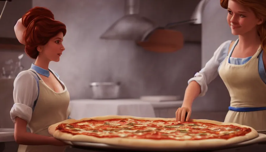 Image similar to cinderella making pizza, photorealistic rendering. artstation, 4 k, hyperrealism