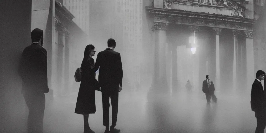 Prompt: a demon and a man making an agreement in the middle of the Wall Street, realistic photography, misty, cinematic, grainy