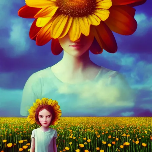 Image similar to giant daisy flower head, portrait of girl in flower field, holding daisy, surreal photography, sunrise, impressionist painting, colorful clouds, digital painting, artstation, simon stalenhag, flower face