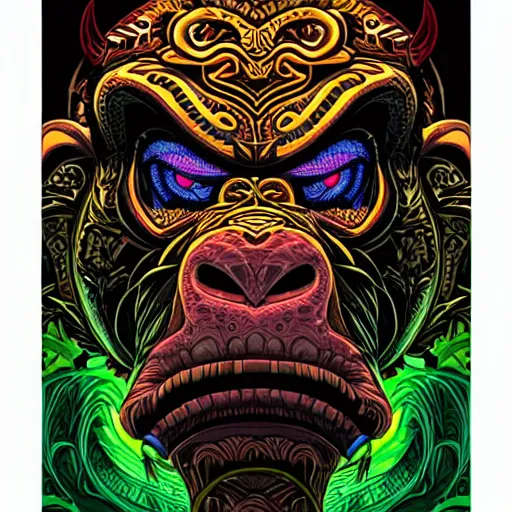 Image similar to barong family member, wiwek, mara demon, one single tribe member, jungle, one single mask, dark, ancient warrior, gorilla, lizard, tribal, inner glow, art by dan mumford and justin gerard