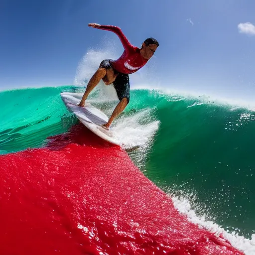 Image similar to a surfer surfing on a large wave of ketchup, through a sea made of ketchup, on a sunny day, 8 k, wide angle photography