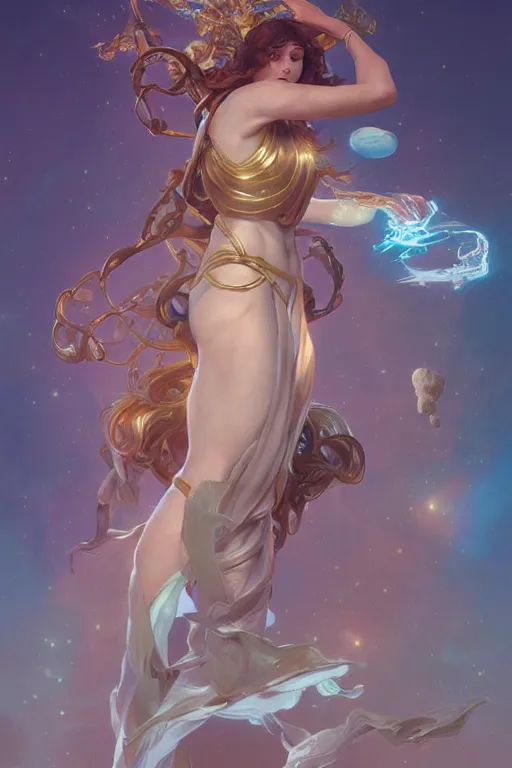 Image similar to goddess of space and time, accurate anatomy, only two hands, highly detailed, digital painting, artstation, concept art, smooth, sharp focus, illustration, Unreal Engine 5, 8K, art by artgerm and greg rutkowski and alphonse Mucha