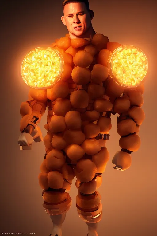 Prompt: channing tatum in a tater tot costume, tater tot face, ef 8 5 mm f 1. 8 usm, bionic scifi alexandre ferra, hyper detailed, digital art, trending in artstation, cinematic lighting, studio quality, smooth render, unreal engine 5 rendered, octane rendered