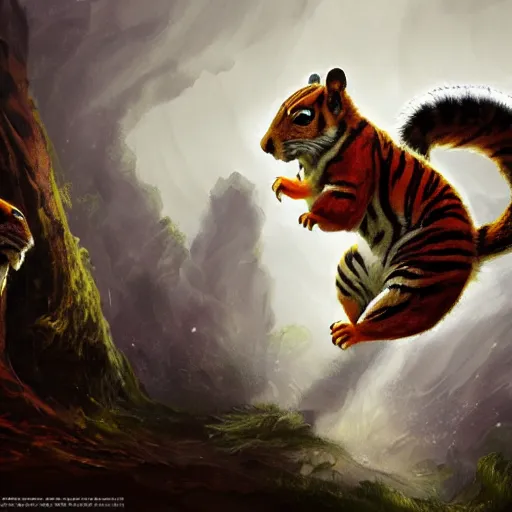 Image similar to Squirrel/tiger, biting, ferocious, angry, magic the gathering artwork, D&D, fantasy, cinematic lighting, centered, symmetrical, highly detailed, digital painting, artstation, concept art, smooth, sharp focus, illustration, volumetric lighting, epic Composition, 8k, art by Akihiko Yoshida and Greg Rutkowski and Craig Mullins, oil painting, cgsociety