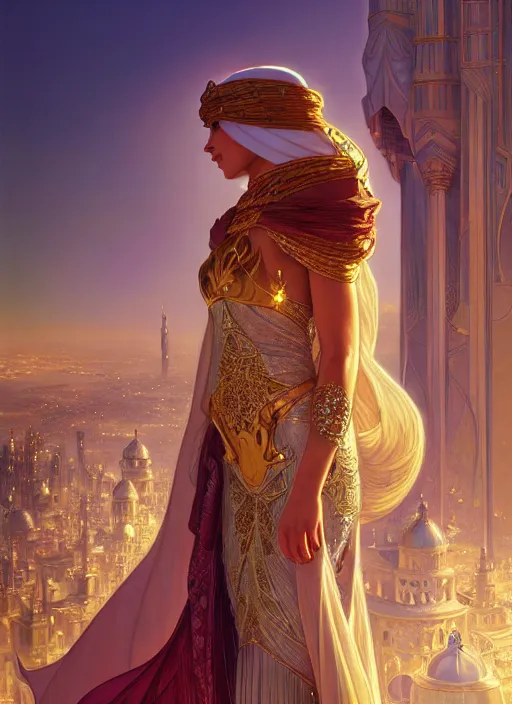 Image similar to an arabian princess looking over her city, shiny, fantasy, intricate, elegant, hyper detailed, ultra definition, photoreal, artstation, unreal engine rendered, concept art, smooth, sharp focus, illustration, art by artgerm and greg rutkowski and alphonse mucha and garis edelweiss