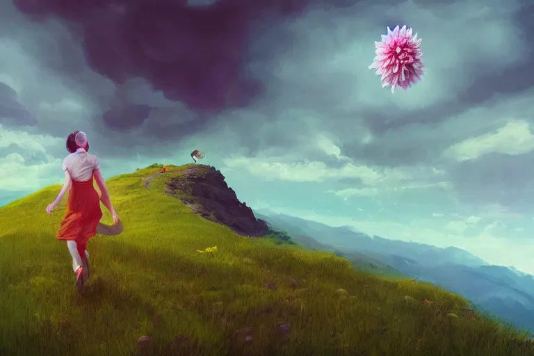 Image similar to giant dahlia flower as a head, girl walking on mountain, surreal photography, stars, dramatic light, impressionist painting, storm clouds, digital painting, artstation, simon stalenhag