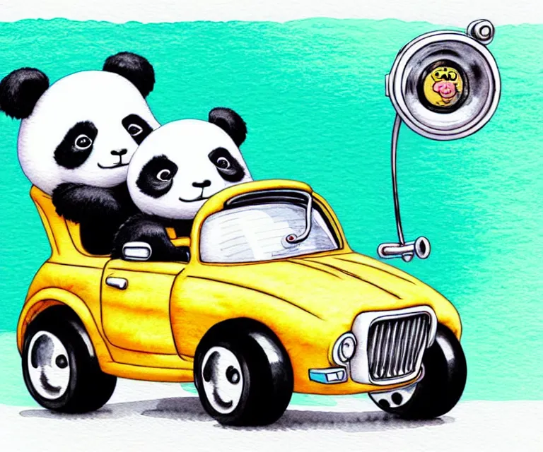 Prompt: cute and funny, baby panda wearing a helmet riding in a tiny hot rod with oversized engine, ratfink style by ed roth, centered award winning watercolor pen illustration, isometric illustration by chihiro iwasaki, edited by range murata, tiny details by artgerm and watercolor girl, symmetrically isometrically centered