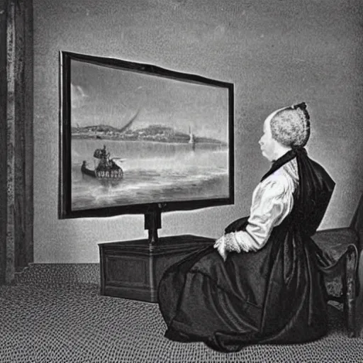 Image similar to 1 7 0 0 s photo of a person watching a flat screen hd tv