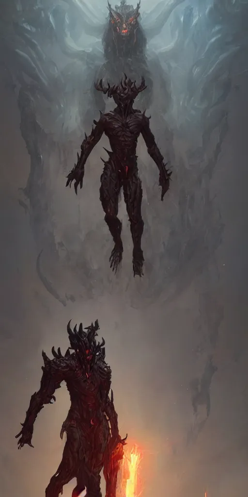 Image similar to a great demon who is standing before the giant gods, full single body, character design, Dark fantasy, unreal engine, high detail, realistic, sci-fi, trending on artstation, Greg Rutkowski,