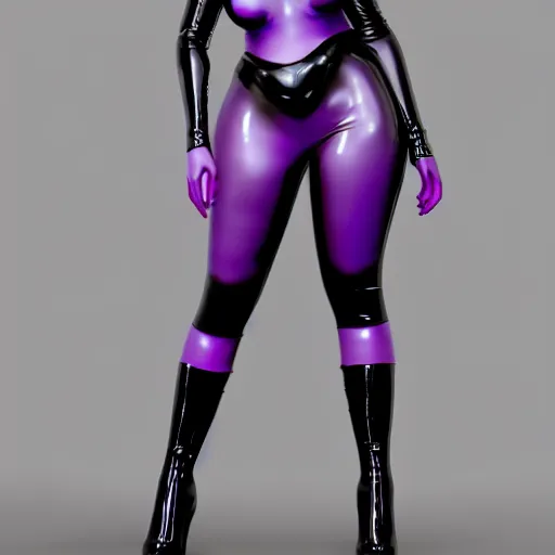 Prompt: pale voluptuous hot goth woman with elaborate elegant black-purple-grey latex high-neck outfit, cgsociety, photorealistic, sublime, 16k, smooth, sharp focus, trending on ArtStation, volumetric lighting