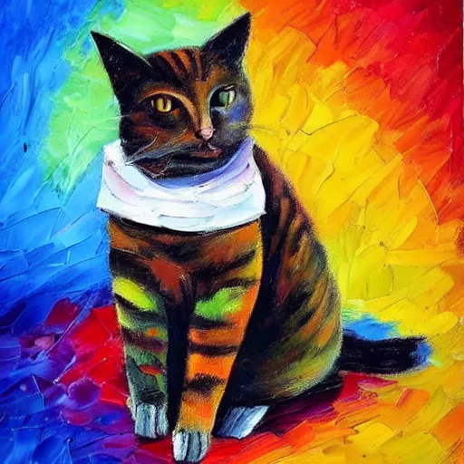 Prompt: palette knife oil painting of a cat sitting on a rainbow