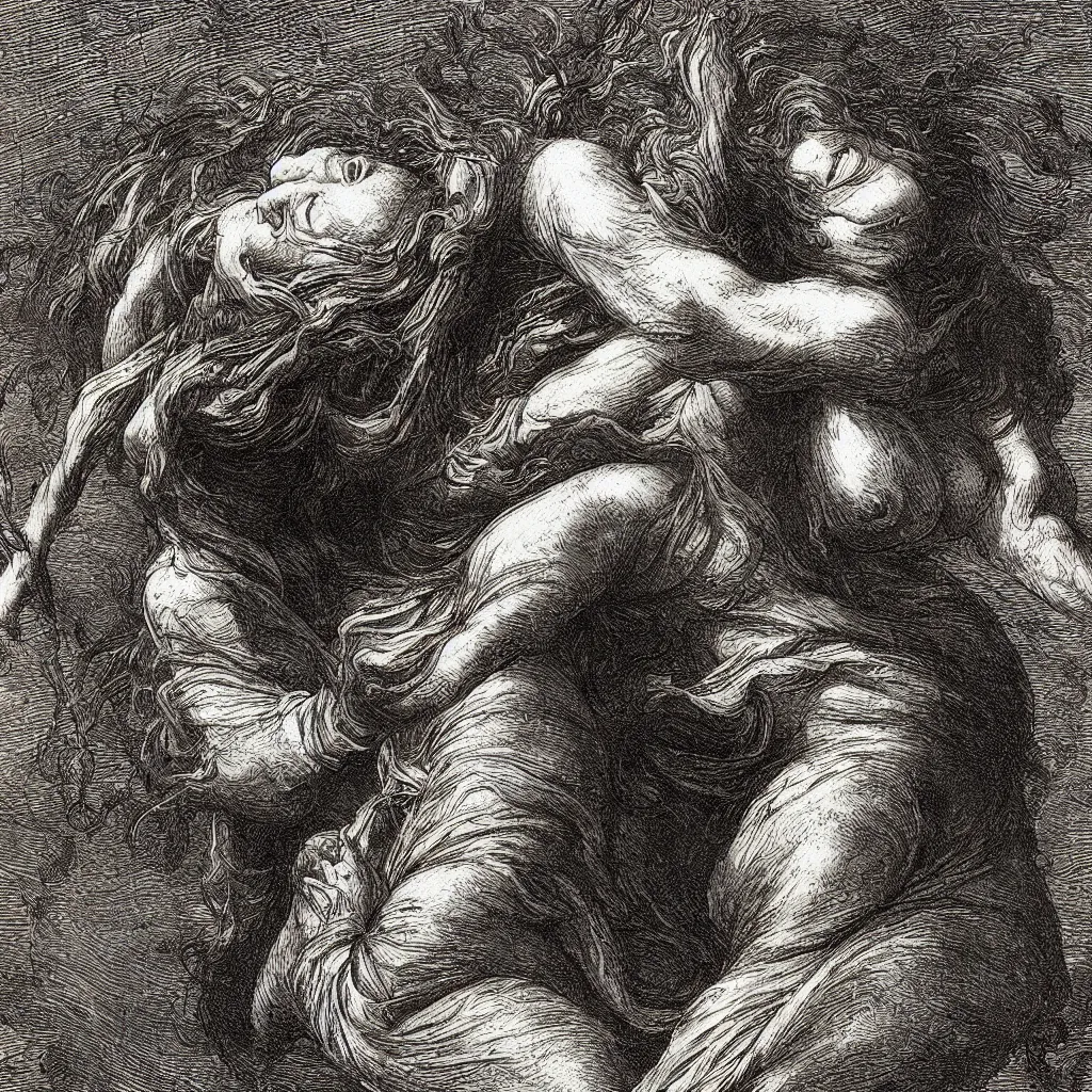 Image similar to close up of a woman cyring and rage, gustav dore