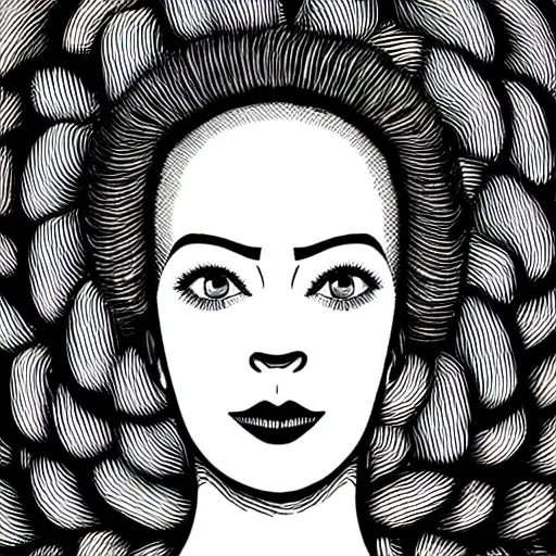 Image similar to symmetrical human portrait of marge simpson with beehive hairdo, grainy high contrast black and white photography photo print ilford warm tone