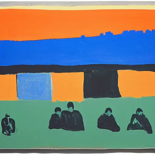 Image similar to fluorescent blue, dark orange by etel adnan daring. the land art shows four people sitting in a diner late at night. the people in the land art look tired & lonely. the land art is set in new york city & shows the city's skyline in the background.