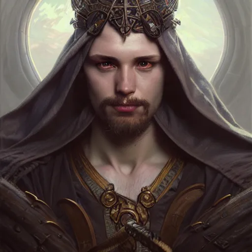 Image similar to portrait painting of a d & d male cleric, ultra realistic, concept art, intricate details, eerie, highly detailed, photorealistic, octane render, 8 k, unreal engine. art by artgerm and greg rutkowski and charlie bowater and magali villeneuve and alphonse mucha