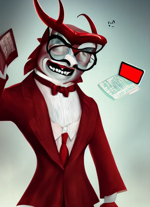 Image similar to a grinning devil dressed as an accountant, digital art, character portrait, high quality, 8 k, detailed,