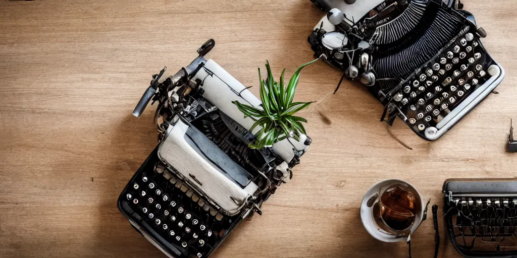 Prompt: an old detailed top - down photograph of a table, old typewriter on a table, paper, pen, warm night light, 8 k, plants