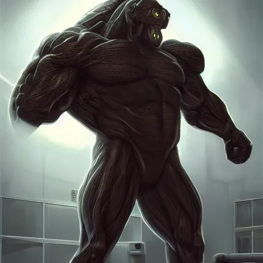 Image similar to a hulking musclebound male anthro horse in a form - fitting outfit with numerous cables attached, in a research facility, exaggeratedly large physique, highly detailed, digital painting, artstation, sharp focus, smooth, concept art, illustration, art by artgerm, greg rutkowski, wlop