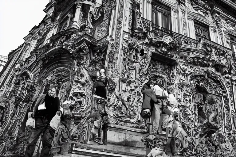 Prompt: ferriss hugh, bucharest, streets, people black and white, intricate lines, intricate details, rule of thirds,