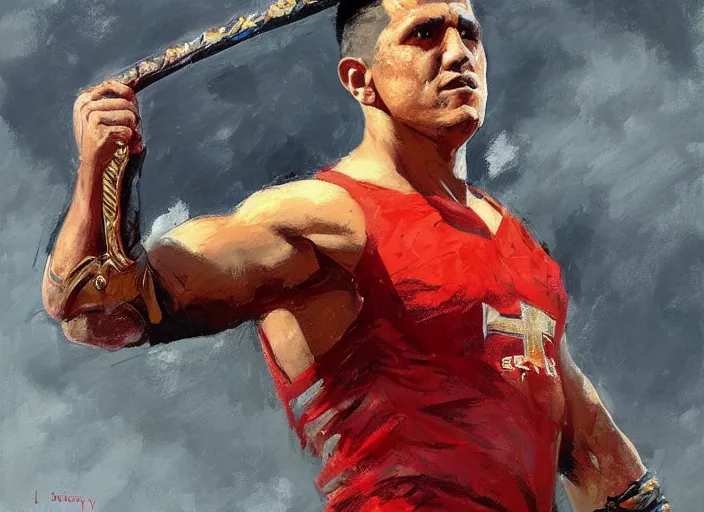 Image similar to a highly detailed beautiful portrait of alexis sanchez as kratos, by gregory manchess, james gurney, james jean