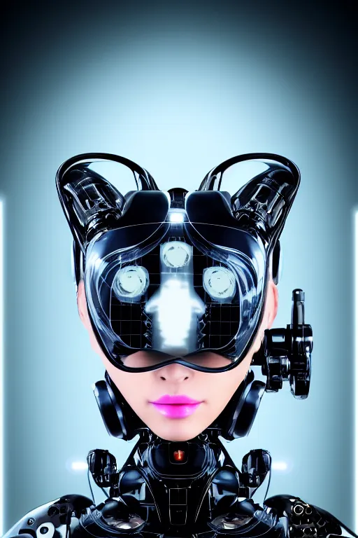 Image similar to cybernetic high tech catgirl with a cybercat on her head, sci - fi, cyberpunk, futurism, exoskeleton, strong artificial intelligence, symmetry, cinematic, elegant, luxury, professional studio light, perfect composition, dlsr photography, sharp focus, 8 k, ultra hd, sense of awe, highly detailed, hyper realistic, intricate, science journal cover