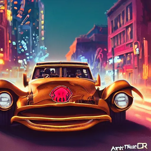 Image similar to detailed intricate digital illustration by greg rutkowski and artgerm and wlop and sanford robinson gifford ; rat fink style hotrod, ratrod dragster in city intersection ; 1 3 mm film, arri alfa anamorphic lens ; long exposure, sharp focus ; golden hour, trending on artstation 8 k