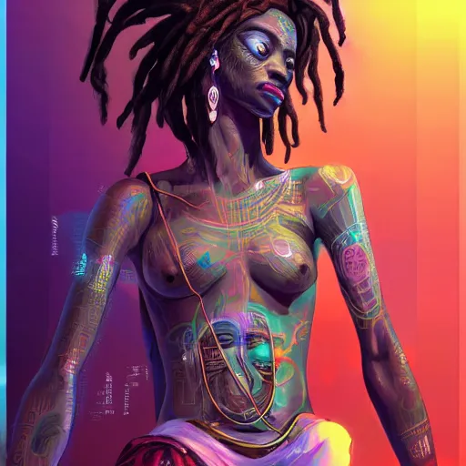 Prompt: dreads - cyberpunk deities and their creations, gods and men, manifesting dreams with kemetic magic in a modern world | hyperrealistic digital painting | by makoto shinkai, ilya kuvshinov, lois van baarle, rossdraws, basquiat | afrofuturism, in the style of surrealism, trending on artstation | dark color scheme