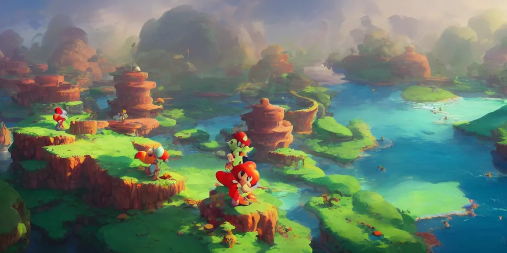 Image similar to dynamics matte painting acrylic blur oil marioworld wonderland yoshi kurbi dofus, behance hd by jesper ejsing, by rhads, makoto shinkai and lois van baarle, ilya kuvshinov, rossdraws global illumination