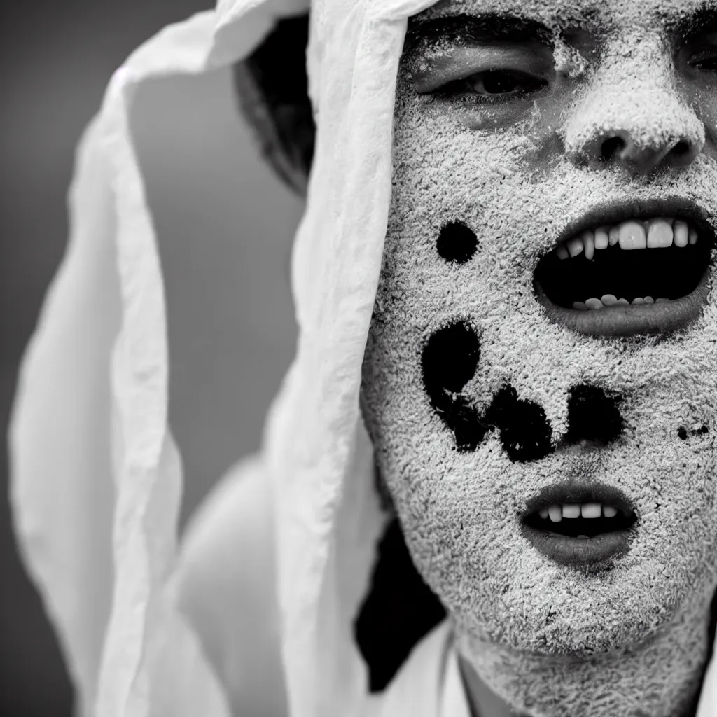 Image similar to Extreme Close-Up (ECU) vintage black and white portrait photo of a young man dressing in white robes wearing white masks in the field, the man is screaming, cinematic lighting, cinematic composition, cinematic atmosphere, misty foggy. Vogue photography Sigma 85mm f/5-6.3 lens, portrait winning photograph.