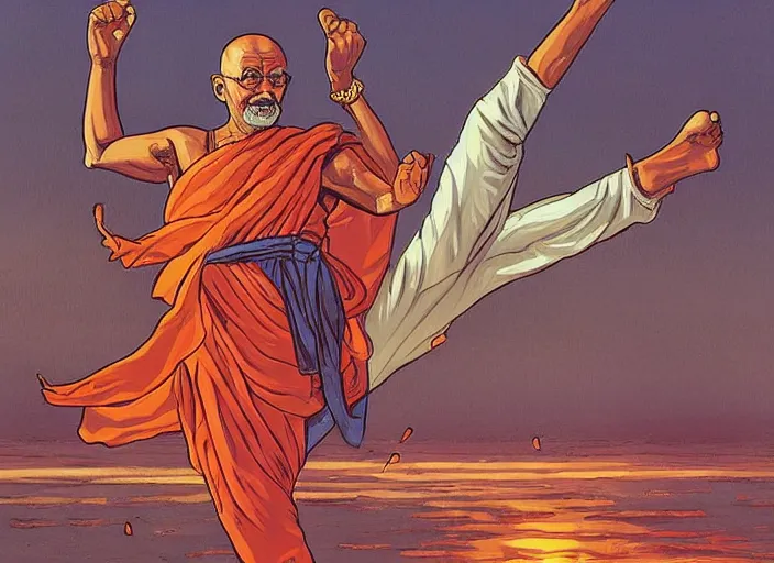 Image similar to Ghandi doing a perfect high kick. Epic painting by James Gurney and (Laurie Greasley). Beautiful lighting.