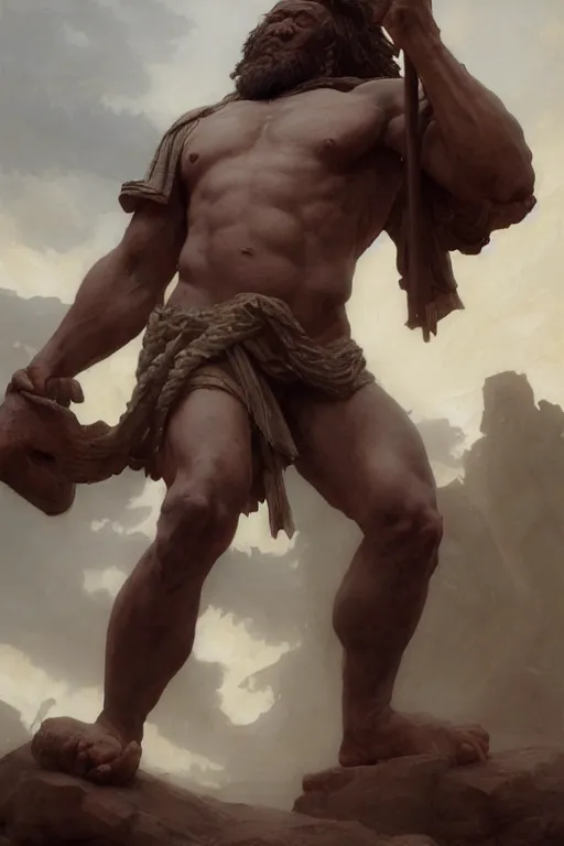 Image similar to ancient historically accurate depiction of the Bible Character Goliath of Gath, the Philistine warrior giant by frank miller, illustration by Ruan Jia and Mandy Jurgens and William-Adolphe Bouguereau, Artgerm, 4k, digital art, surreal, space dandy style, highly detailed, godsend, artstation, digital painting, concept art, smooth, sharp focus, illustration by Ruan Jia and Mandy Jurgens and William-Adolphe Bouguereau, Artgerm