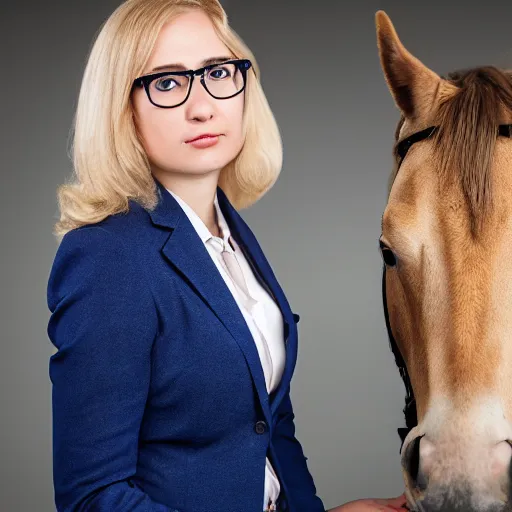 Prompt: a blond accountant female in a blue suit with glasses riding on a horse: a highly detailed uncropped full-color epic portrait photograph. best portfolio photoraphy photo winner, meticulous detail, hyperrealistic, centered uncropped symmetrical beautiful feminine facial features, atmospheric, perfect eyes, photorealistic texture, canon 5D mark III photo, professional studio lighting, aesthetic, very inspirational, motivational. By Karen L Richard Photography, Photoweb, Splento, Americanoize, Lemonlight