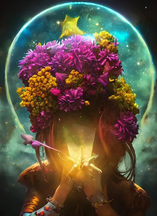 Prompt: An epic fantastic realism comic book style painting of the most beautiful expanding flowers launched across the dark and starry universe, floating bouquets, fisheye lens, unreal 5, DAZ, hyperrealistic, octane render, dynamic lighting