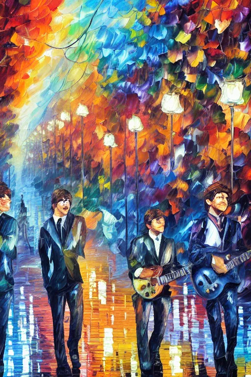 Prompt: the 4 beatles oil painted by Dan Mumford and Leonid Afremov