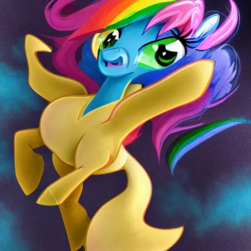 Image similar to portrait of a menacing beautiful Rainbow Dash, short muzzle, pegasus pony mare, top half of body, My Little Pony, by Stanley Artgerm Lau , greg rutkowski, thomas kindkade, alphonse mucha, loish, norman rockwell, J. C. Leyendecker. bright rainbow mane, pastel blue fur, angry complexion, beautiful detailed eyes, black rose frame. D&D, fantasy. Trending on artstation rule of thirds extremely detailed old illustration hd 4k