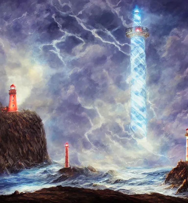 Image similar to medieval fantasy artwork. cliff with an ancient lighthouse on top. the lighthouse is enveloped by a column of blue swirling light. the sea at the bottom of the cliff ( rough sea ).