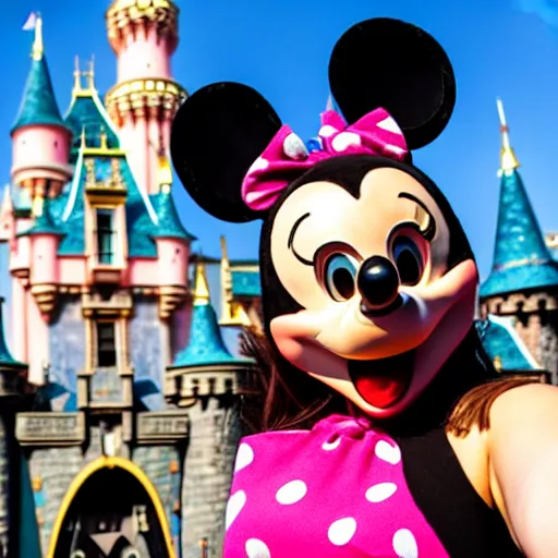 Prompt: high detail selfie by a woman wearing mickey mouse ears, disneyland castle in background, taken on iphone