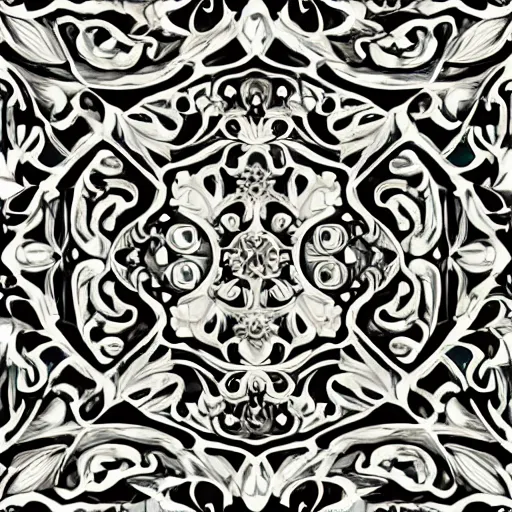 Prompt: geometrically displaced rococo floral filigree, dramatic lighting with hints of neon trim, bilateral symmetry