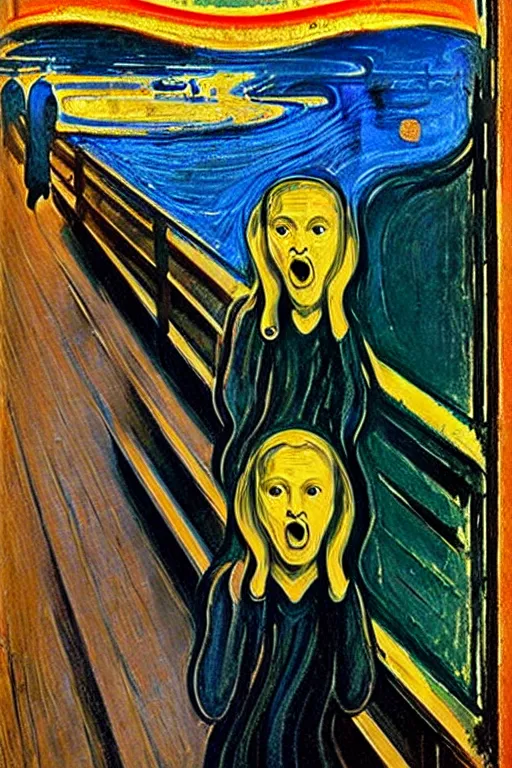 Image similar to “Mona Lisa in the painting The Scream by Edvard Munch. Mona Lisa is the one screaming with mouth open, you see.”