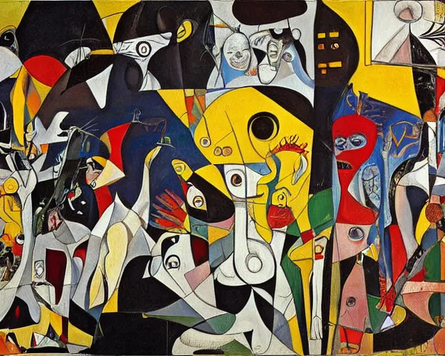 Image similar to a painting of guernica with characters from an os gemeos painting by graham sutherland, egon schiele, gustav klimt, joan miro, basquiat, expressionism