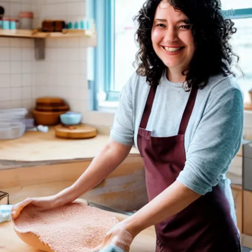 Prompt: portrait of a smiling woman with dark curly hair in a pink t-shirt shirt and high-rise jeans making sourdough in sunlit kitchen, by studio ghibli