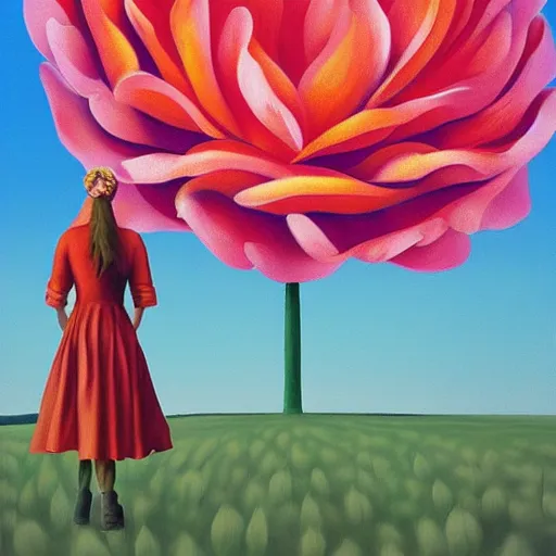 Image similar to huge flower as head, woman standing in a field, surreal, flat light, painting, digital painting, artstation, georgia o'keeffe