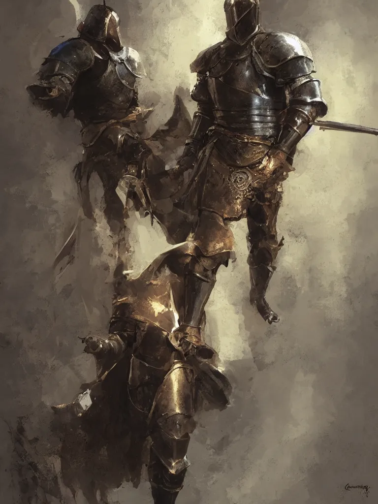 Prompt: A medieval knight without his great helm, holding a .44 Magnum handgun, painted by Craig Mullins, trending on ArtStation