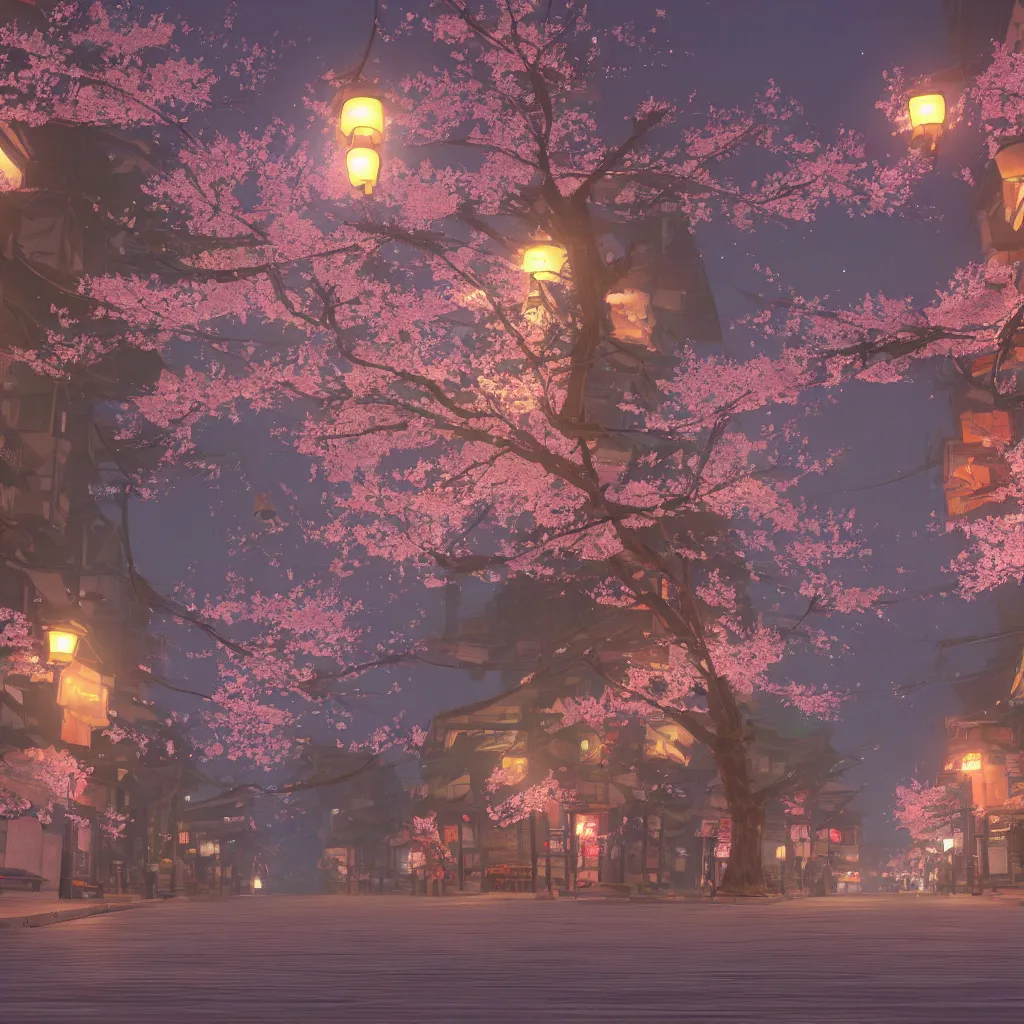 Prompt: Japanese street at night, cherry blossom petals, highly detailed, 3D render, digital art, artstation, 8K photography, matte photo-realistic, by Hayao Ghibli Miyazaki, breath of the wild style