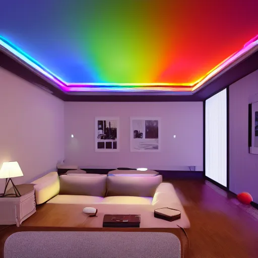 Image similar to govee led strip lighting in room, scene, colourful, 8 k, unreal engine, realistic, house and home,