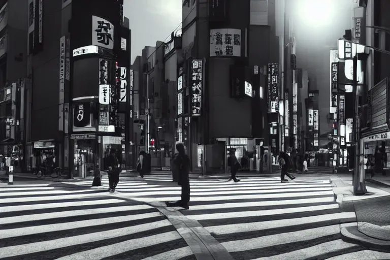 Image similar to still photo of a japanese street crossing, tokyo, black and white color aesthetic, highly detailed, photorealistic portrait, bright studio setting, studio lighting, crisp quality and light reflections, unreal engine 5 quality render