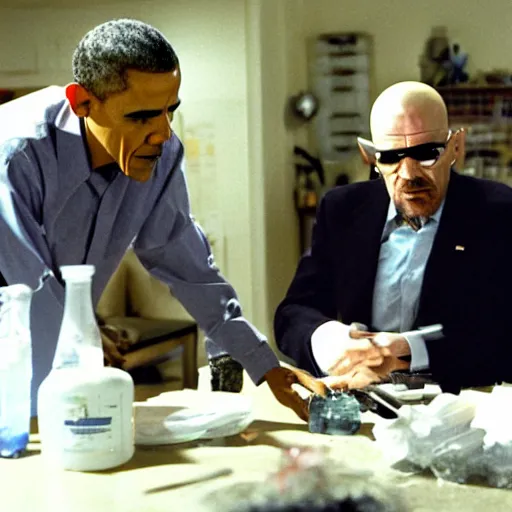 Image similar to film still of Obama making meth with Walter White in Breaking bad in season 1 episode 6, 4k, photorealistic faces