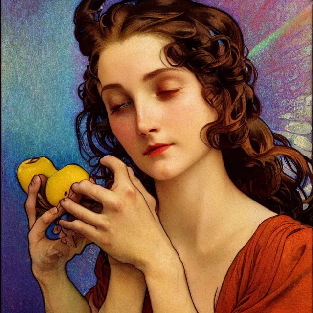 Image similar to an aesthetic! detailed close - up portrait of an aesthetic woman crying mournfully while holding an apple, by frank frazetta and alphonse mucha, oil on canvas, bright colors, art nouveau, epic composition, dungeons and dragons fantasy art, hd, god - rays, ray - tracing, crisp contour - lines, huhd - 8 k