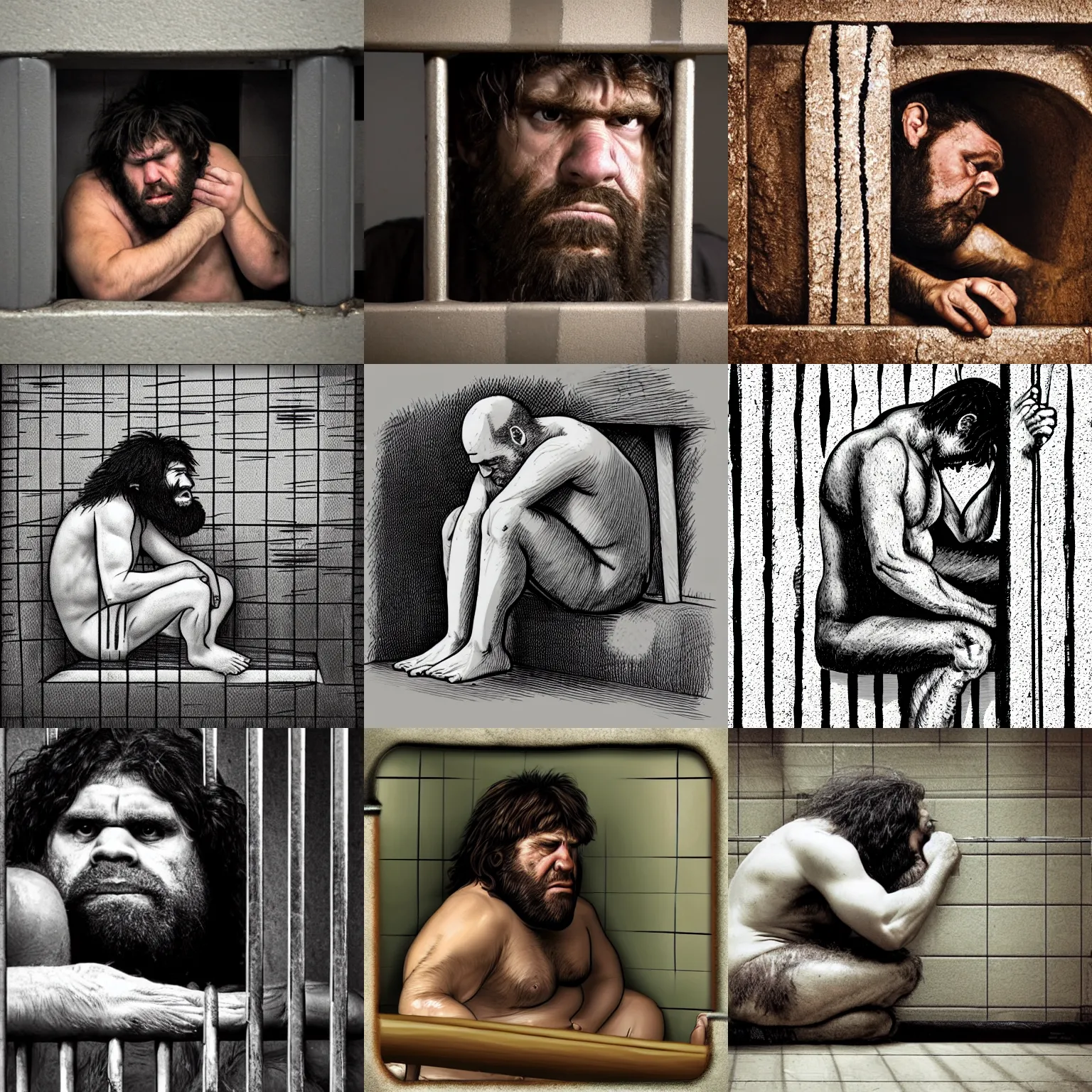 Prompt: Sad Caveman in fetal position in jail cell